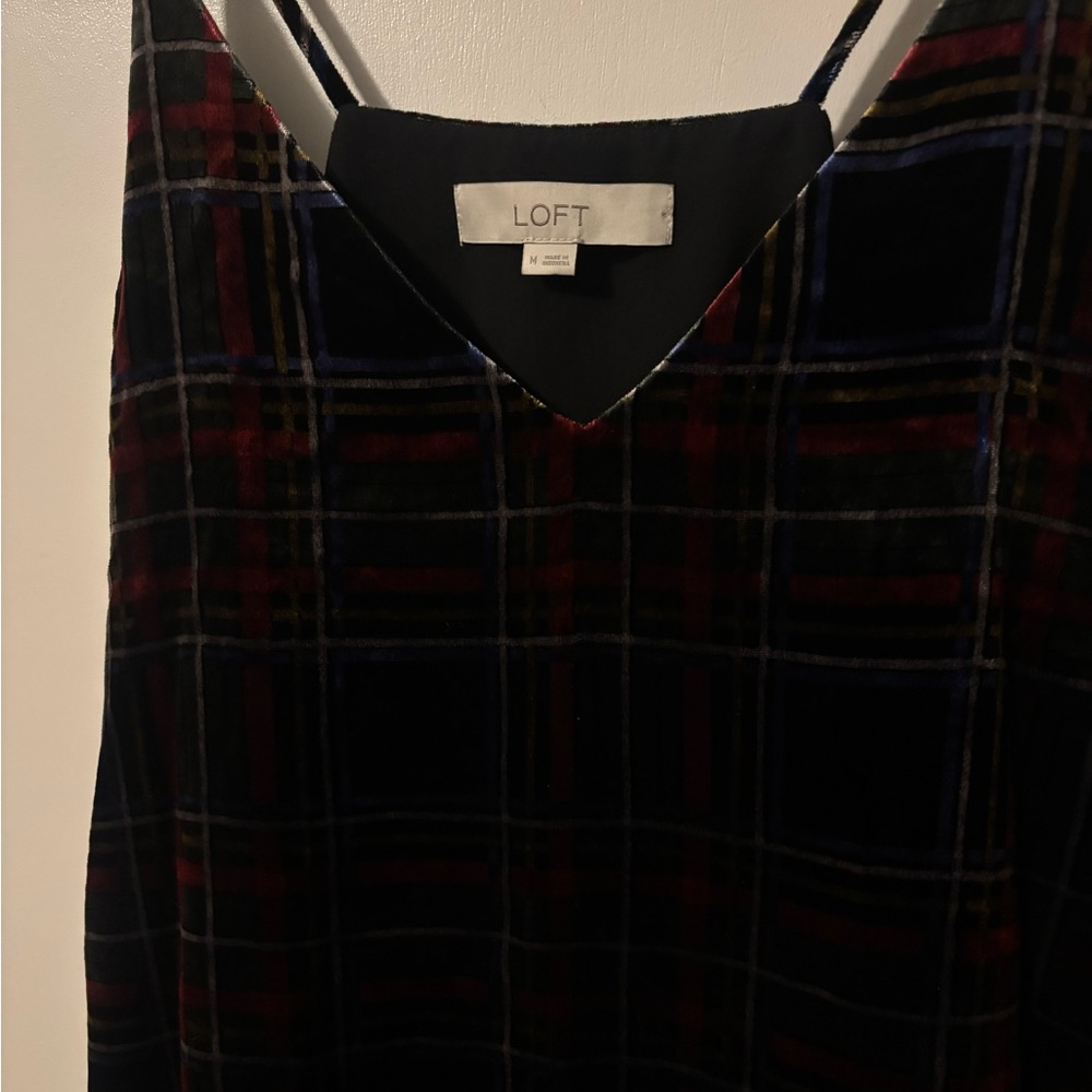 LOFT Plaid Velvet V-Neck Spaghetti Strap Festive Glam Party Tank Feminine Girly - Picture 2 of 9